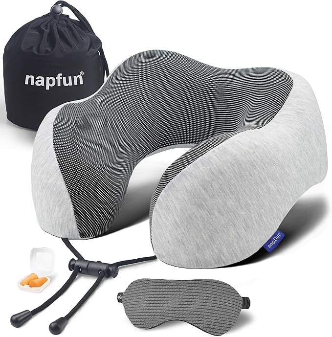 napfun Neck Pillow for Travel with Travel Pouch, Sleep Mask & Earplugs, Memory Foam Airplane Pillow for Headrest Sleep with Eyeshades, Plane Essentials with Eye Blindfold, Light Gray Kit by NAPFUN
