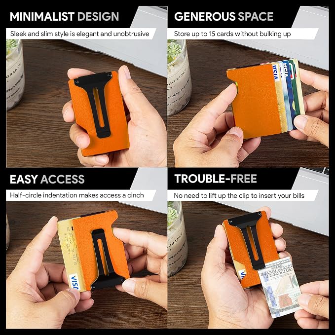 Minimalist Wallet for Men, Slim Metal RFID Blocking Wallet Credit Card Holder Money Clip & Cash Strap, Scratch-Resistant Holds 15 Cards,Ideal Gift for Men | Matte Orange - Image 6