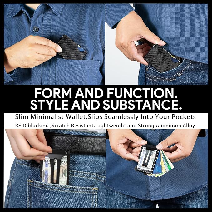 Carbon Fiber Minimalist Wallet for Men, Slim Metal RFID Blocking Wallet Credit Card Holder Money Clip & Cash Strap, Scratch-Resistant Holds 15 Cards,Ideal Gift for Men | Matte Carbon Fiber - Image 7