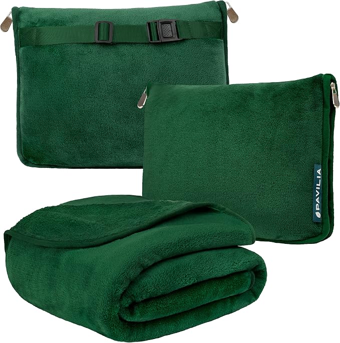 PAVILIA Travel Blanket Pillow, Soft Airplane Blanket 2-in-1 Combo Set, Plane Blanket Compact Packable, Flight Essentials Car Pillow, Travelers Gifts Accessories, Luggage Backpack Strap, 60x43 Green by PAVILIA