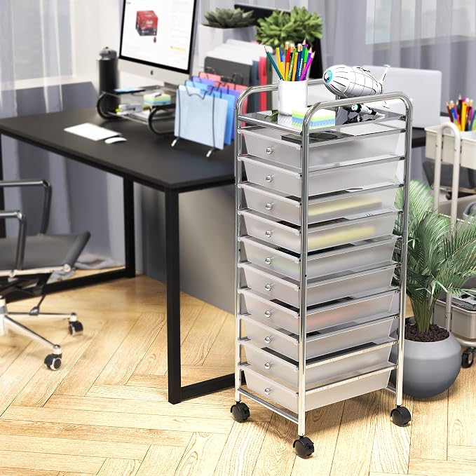 Simple Houseware 10 Drawers Rolling Utility Cart Organizer, Chrome | 1-Column, 36" Height, Lockable Wheels, for School, Office, Art Craft, and Paper Storage - Image 2