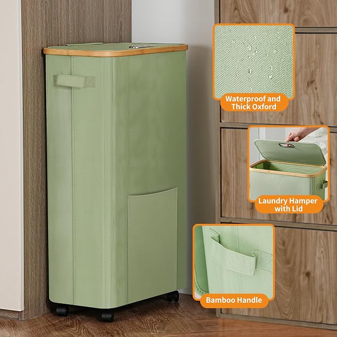 Vincona Laundry Basket with Wheels, Dirty Clothes Hamper on Wheels, Rolling Tall Laundry Hamper with lid for Laundry Room, Dorm and Bathroom, 75L Sage Green - Image 3