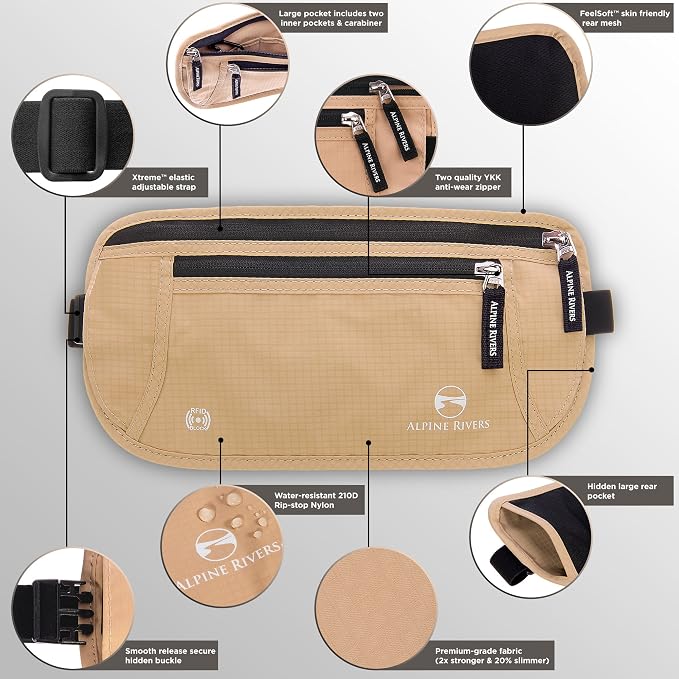 Alpine Rivers Money Belt for Travel - RFID Hidden Wallet, Sahara Sand | Triple-layer RFID shielding, hidden passport holder and waist wallet, 7 card sleeves included, fits 26-56 inch waists - Image 4