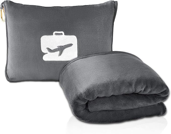 EverSnug Travel Blanket and Pillow - Premium Soft 2 in 1 Airplane Blanket with Soft Bag Pillowcase, Hand Luggage Sleeve and Backpack Clip (Grey) by EverSnug