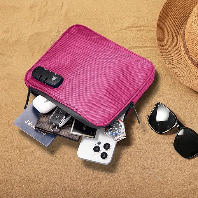 KOSMCCO Beach Locking Bag, Portable Safe, 9x7.5 Inch, Rose Red | Anti-Theft Design, Security Cable Included, Holds Phone Wallet and Keys, Ideal for Beach Pool Cruise and Travel - Image 2