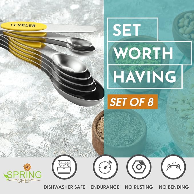 Spring Chef Stainless Steel Magnetic Measuring Spoons Set of 8, Yellow | Dual Sided Teaspoon & Tablespoon Measuring Spoons w/ Leveler for Dry & Liquid Ingredients, Measure Spoons for Baking, Cooking - Image 3
