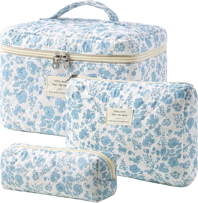 HBselect Quilted Makeup Bag, 3Pcs Cotton Large Travel Makeup Bags Organizer | Cute Floral Make up Bag Cosmetic Bag Toiletry Bag for Women Girls, Makeup Pouch for Skincare, Brushes & Travel Essentials by HBselect