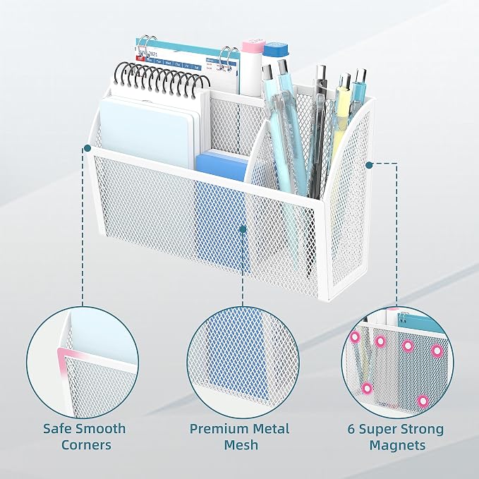 3-Grid Magnetic Pencil Holder, Strong Magnet Locker Organizer, White | Mesh Magnetic Shelf, Marker Holder Perfect for Whiteboard, Refrigerator and Locker Accessories - Image 3