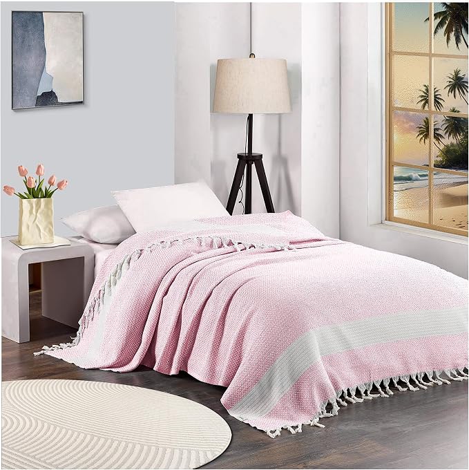 Breathable Bedspread Woven Blanket Cooling Queen Full Size Quilt Thin Comforter Boho Bed Bedroom Thing Girl Aesthetic Preppy Stuff Cute Accessories Girly Room Aesthetic College Student Dorm Decor Pink by genovega