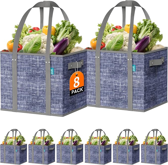 Fab totes Reusable Grocery Bags, Large Foldable Shopping Tote Bags with Reinforced Handles & Hard Bottom,8 Pack,Blue by Fabtotes