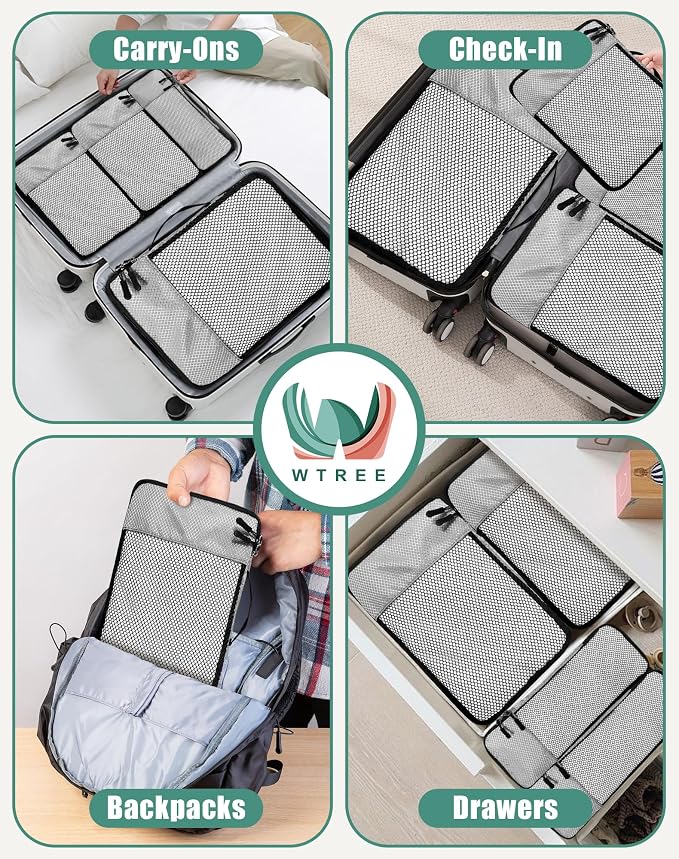 WTREE 4-Piece Packing Cubes Travel Accessories Set for Suitcases - Luggage Organizer Bags with Double Zipper - Mesh Top - Small/Medium/Large/Slim - Grey - Image 7