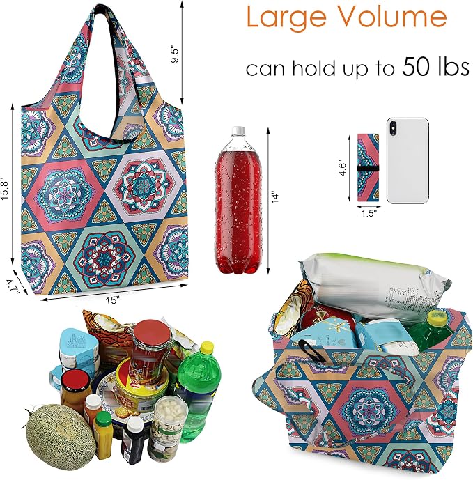 BeeGreen Boho Gifts for Women Geometric Reusable Grocery Bags Mandala Shopping Bags Bulk 6 Pack 50LBS X-Large Foldable-Machine Washable-Heavy Duty Mandana Yoga Gifts - Image 3