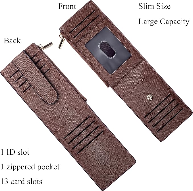 Chelmon Women's RFID Slim Card Holder Wallet | Thin Bifold Multi Card Case with Zipper Coin Pocket Purse for Women(Deep Brown) - Image 3