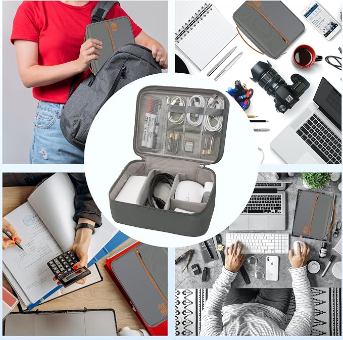 Electronics Organizer,Travel Cord Organizer Pouch,Cable Organizer Bags | Waterproof Electronic Accessories Storage Case for Cables, Cords, Charger, Phone (Double Layer-Gray) - Image 6