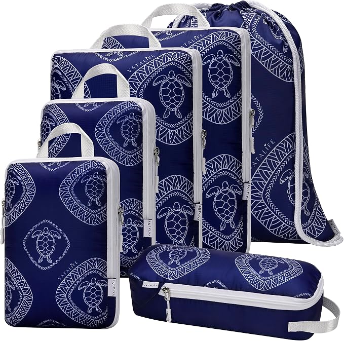6-Set Compression Packing Cubes for Travel with Drawstring Backpack-Luggage Organizers for Suitcase-Water Resistant, Lightweight Vacation Essentials, Blue Turtle - Image 9