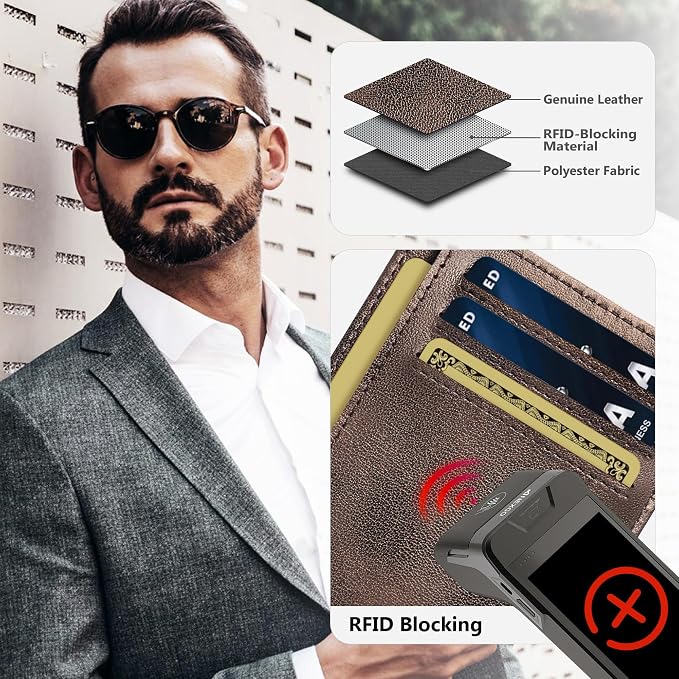 Travelambo 100% Genuine Leather Wallet for Men and Women, Slim Minimalist RFID Blocking Front Pocket Credit Card Holder with Gift Box(Galaxy Coffee) - Image 3