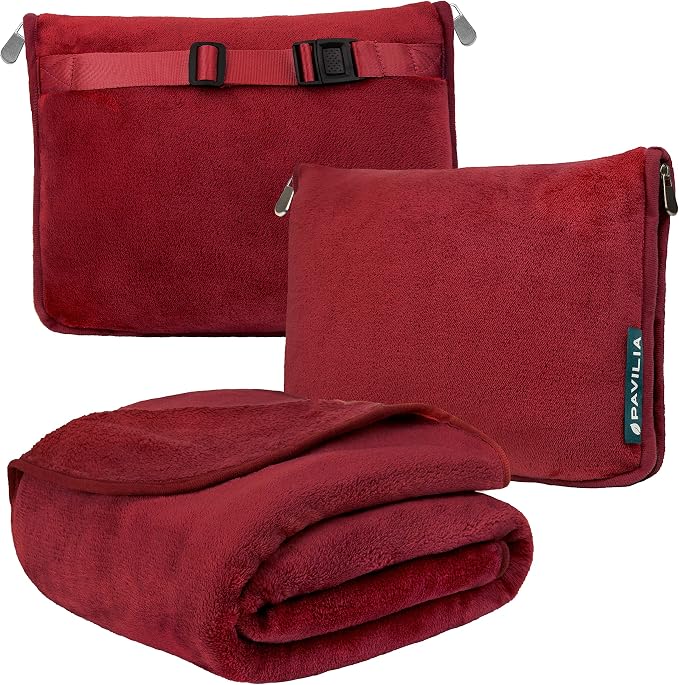 PAVILIA Travel Blanket Pillow, Soft Airplane Blanket 2-in-1 Combo Set, Plane Blanket Compact Packable, Flight Essentials Car Pillow, Travelers Gifts Accessories, Luggage Backpack Strap, 60x43 Red by PAVILIA