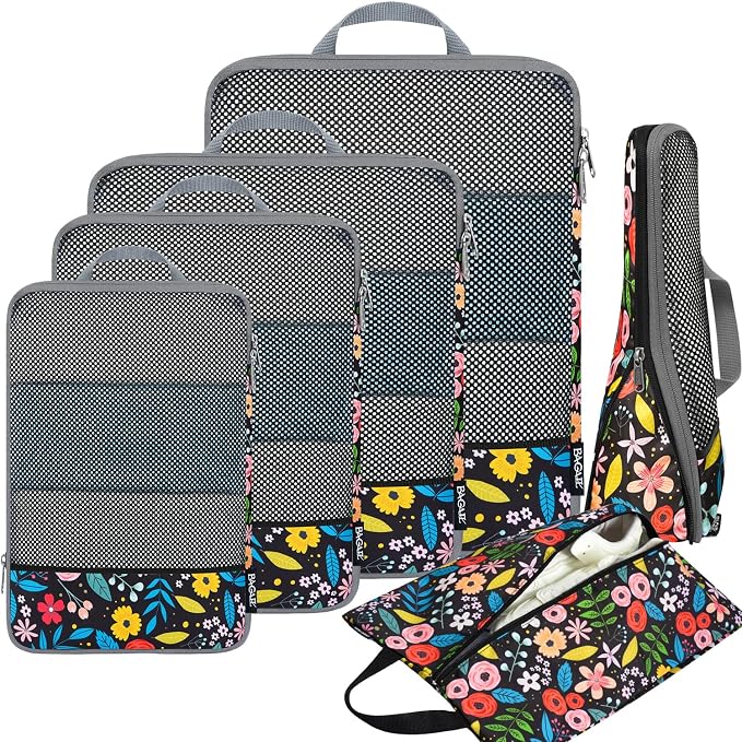 BAGAIL 4 Set/6 Set/8 Set Compression Packing Cubes Travel Accessories Expandable Packing Organizers (Half Mesh, 6-Black Floral) by BAGAIL