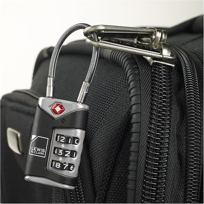 Lewis N. Clark TSA Approved Luggage Lock + Steel Cable for Suitcase, Carry On, BackPack, Laptop Bag + Purse, Perfect For Airport, Hotel or Gym - Set + Reset Your Own Combo, Black - Image 6