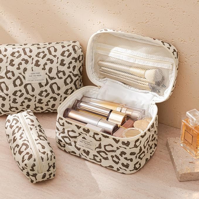 HBselect Quilted Makeup Bag, 3Pcs Cotton Large Travel Makeup Bags Organizer | Cute Floral Make up Bag Cosmetic Bag Toiletry Bag for Women Girls, Makeup Pouch for Skincare, Brushes & Travel Essentials - Image 3