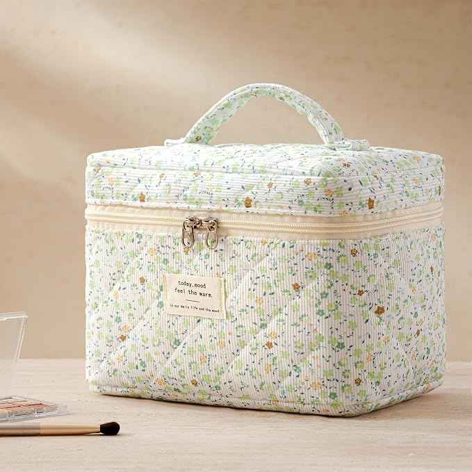 HBselect Quilted Makeup Bag, 3Pcs Cotton Large Travel Makeup Bags Organizer | Cute Floral Make up Bag Cosmetic Bag Toiletry Bag for Women Girls, Makeup Pouch for Skincare, Brushes & Travel Essentials - Image 5