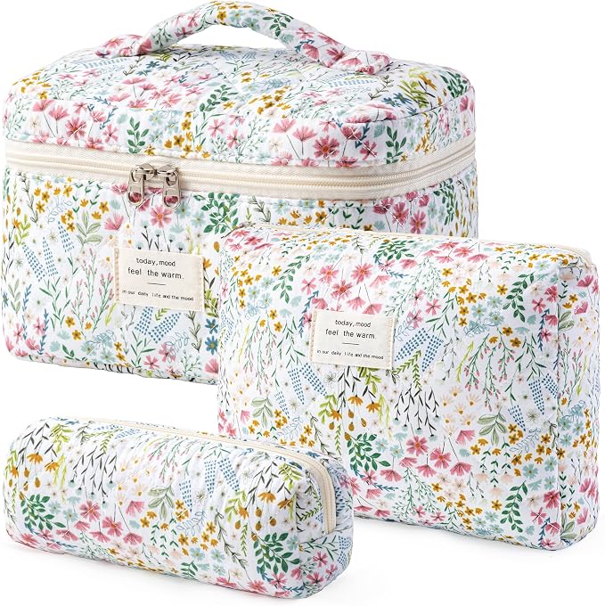 HBselect Quilted Makeup Bag, 3Pcs Cotton Large Travel Makeup Bags Organizer | Cute Floral Make up Bag Cosmetic Bag Toiletry Bag for Women Girls, Makeup Pouch for Skincare, Brushes & Travel Essentials by HBselect