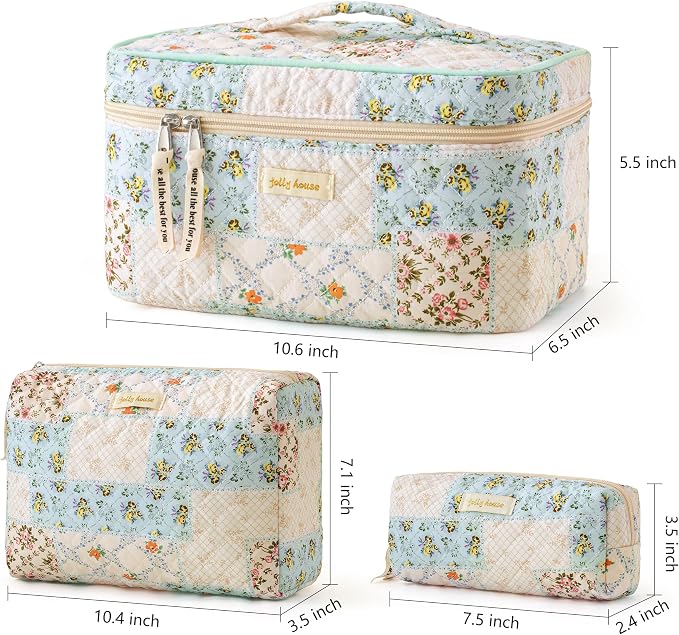 HBselect Quilted Makeup Bag, 3Pcs Cotton Large Travel Makeup Bags Organizer | Cute Floral Make up Bag Cosmetic Bag Toiletry Bag for Women Girls, Makeup Pouch for Skincare, Brushes & Travel Essentials - Image 6