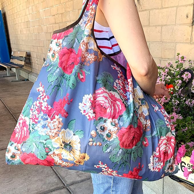allydrew Large Foldable Tote Nylon Reusable Grocery Bags, Pink Tulips - Image 2