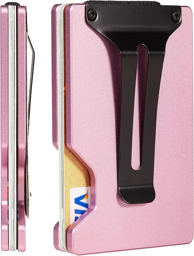 Minimalist Wallet for Men, Slim Metal RFID Blocking Wallet Credit Card Holder Money Clip & Cash Strap, Scratch-Resistant Holds 15 Cards,Ideal Gift for Men | Matte Pink by Unknown