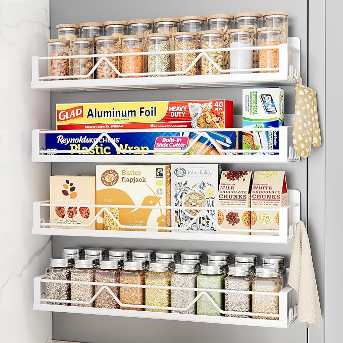 Mystozer 16.9 Inch Wide Large Capacity Magnetic Spice Rack for Refrigerator,4 Pack Metal Fridge Shelf Magnetic Basket Magnetic Fridge Shelf Magnetic Shelves for Fridge (White) by Mystozer