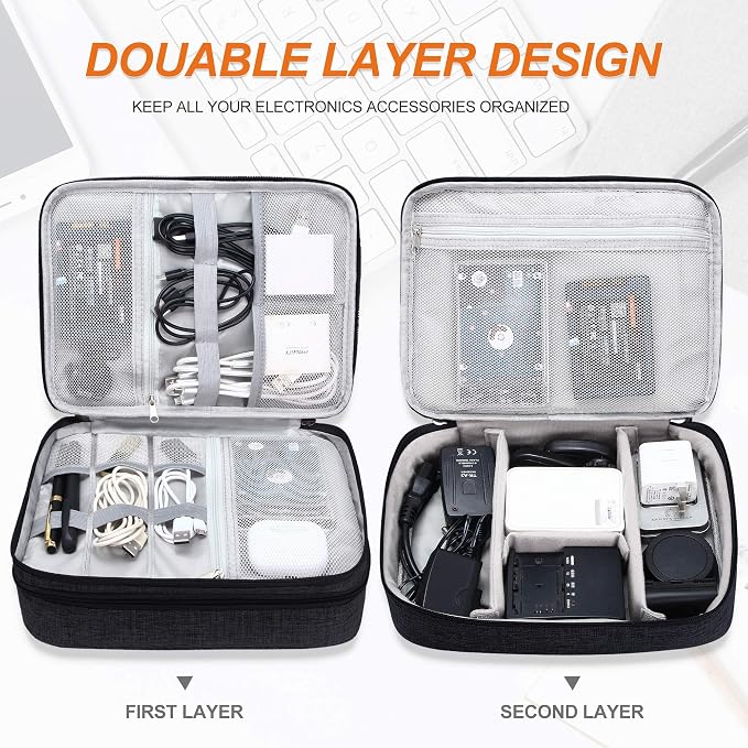 SELLYFELLY Electronic Bag Travel Cable Accessories Bag Waterproof Double Layer Electronics Organizer Portable Storage Case for Cable, Cord, Charger, Phone, Adapter, Power Bank, Kindle, Hard Drives - Image 3