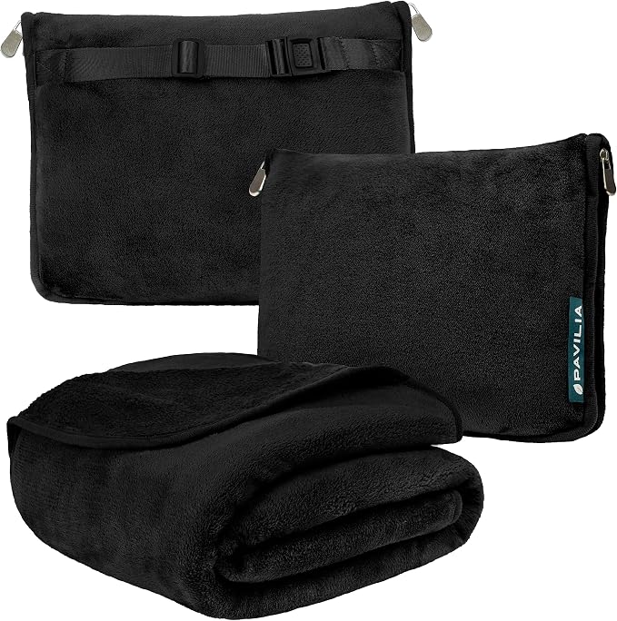 PAVILIA Travel Blanket Pillow, Soft Airplane Blanket 2-in-1 Combo Set, Plane Blanket Compact Packable, Flight Essentials Car Pillow, Travelers Gifts Accessories, Luggage Backpack Strap, 60x43 Black by PAVILIA