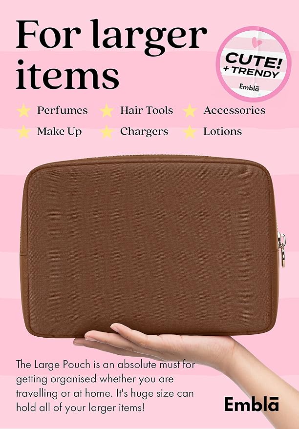 Embla Large Makeup Bag and Waterproof Nylon Travel Toiletry Bag, Large Capacity Cosmetic Zipper Pouch, Dark Brown - Image 3
