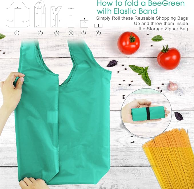BeeGreen Reusable-Grocery-Bags-Foldable-Machine-Washable-Reusable-Shopping-Bags-Bulk Colorful 10 Pack 50LBS Extra Large Folding Reusable Bags Totes w Zipper Storage Pouch Lightweight Polyester Fabric - Image 5