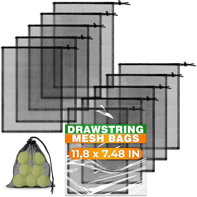 Small Mesh Bags Drawstring, 11.8"x7.48", 10 Pack, Nylon (Black), Reusable | Small Net Bag; Lightweight, Breathable; for Travel, Gym, Swimwear, Laundry, Sports, Beach Gear, Camping & Daily Organization by TheLittleGreenChange