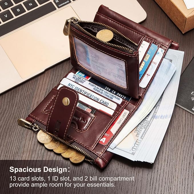 Chain wallets for men, Genuine Leather Biker Wallet with RFID Blocking Brown Color with Chain… - Image 2