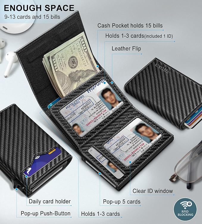Wallet for Men,with Cash Pocket 2 ID Window 9-13 Cards,Metal Case Smart Slim Pop Up Credit Card Holder Flip with Magnetic Closure RFID Blocking Trifold wallet with Gift Box - Image 2