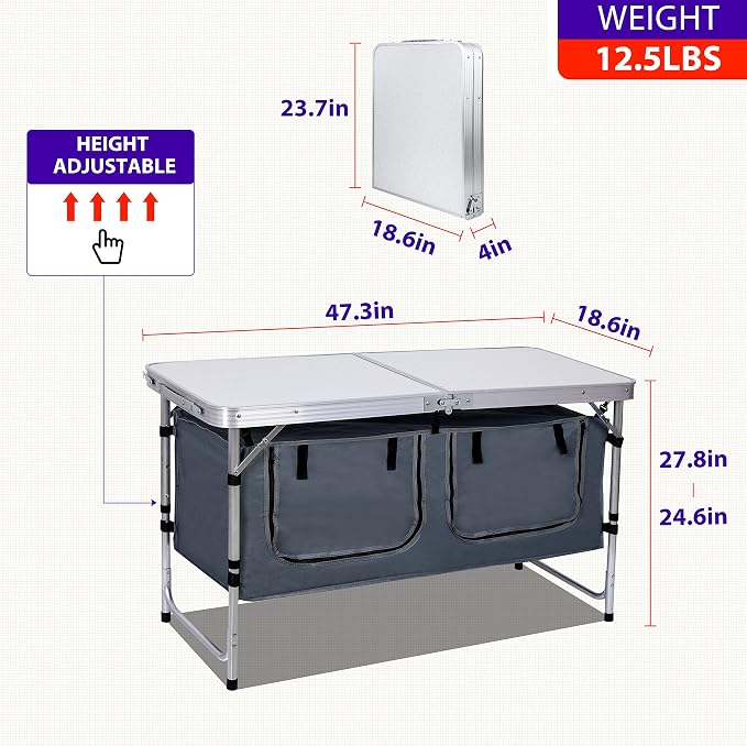 Nice C Camping Storage Table, Folding Height Adjustable Table, Lightweight | Camp Storage Kitchen Table, Aluminum, Carry Handle, Outdoor, Beach, BBQ, Picnic, Cooking, Festival, Indoor, Office - Image 3