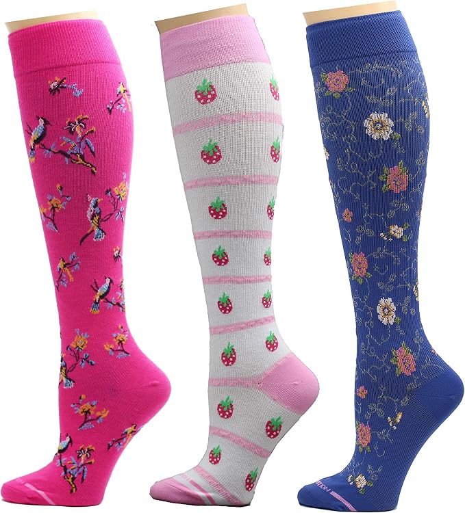 Dr. Motion 3 Pairs Light Summer Bright Fun Graduated Compression Women's Knee-Hi Socks by Dr.+Motion
