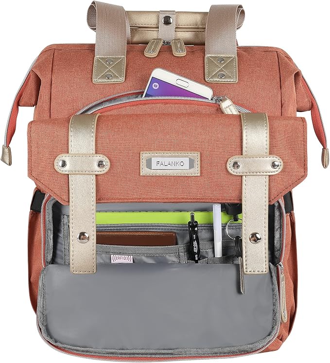 FALANKO Laptop Backpack for Women,15.6 inch Teacher Nurse School Waterproof Backpack,Large Womens Computer Backpack with Laptop Compartment,RFID Anti Theft Shoulder Orange Bags - Image 5