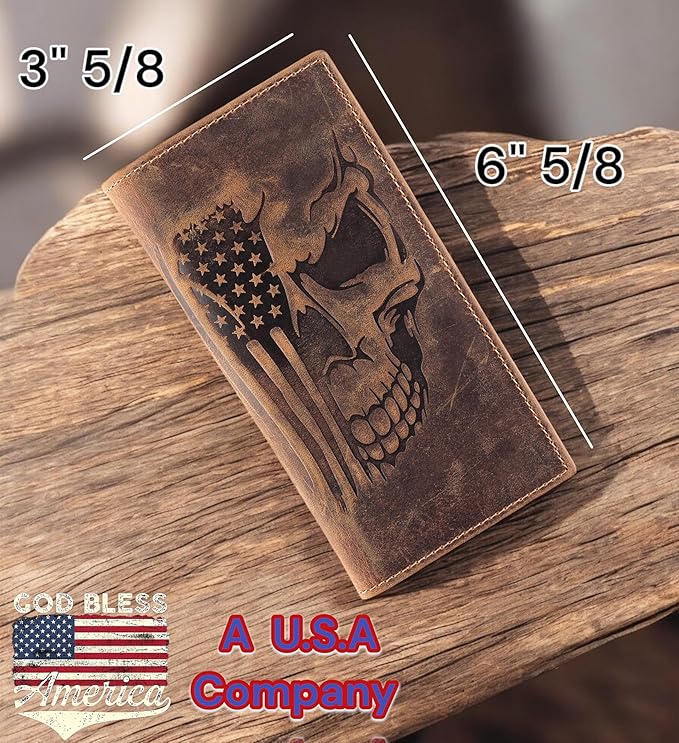 F&L CLASSIC Men's RFID Vintage Look Genuine Leather Long Bifold Wallet Checkbook Wallets,brown flag skull,240-103 - Image 2
