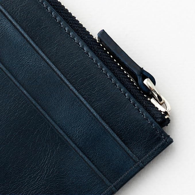 RFID Blocking Zipper Wallet, Slim Business Card Holder, Men & Women, Handcrafted Full-Grain Leather, Gift Box & Pouch, Christmas & Birthday, Navy Blue - Image 3