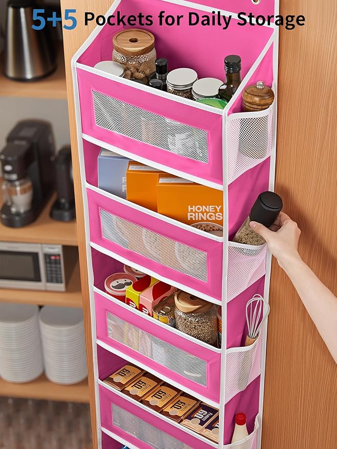 JARLINK Over the Door Organizer for Bedroom, Bathroom, 5 Shelf Rose Pink | Anti-Tilt Design, 44 lb Load Capacity, Hanging Door Organizer with 5 Large Capacity Pockets, Behind Door Storage for Nursery - Image 5