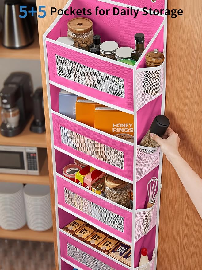 JARLINK Over the Door Organizer for Bathroom, 5 Shelf Rose Pink, 2 Pack | Anti-Tilt Design, 44 lb Load Capacity, Hanging Door Organizer with 5 Large Capacity Pockets, Behind Door Storage for Nursery - Image 5