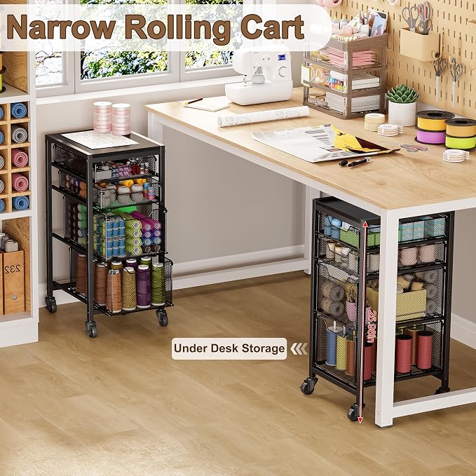 Rolling Storage Cart with Drawers, Under Desk Storage with Wooden Tabletop & Lockable Wheels, 4-Tier Storage Drawers for Bathroom, Craft, Office, Black - Image 3