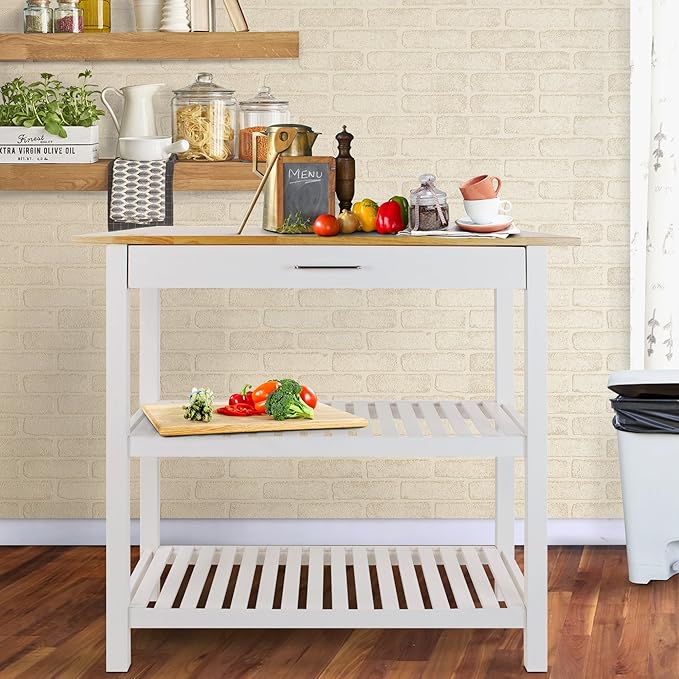 Casual Home Solid Wood Kitchen Island, Natural Maple Top, White Base (New) 40*20*36.5inch - Image 2
