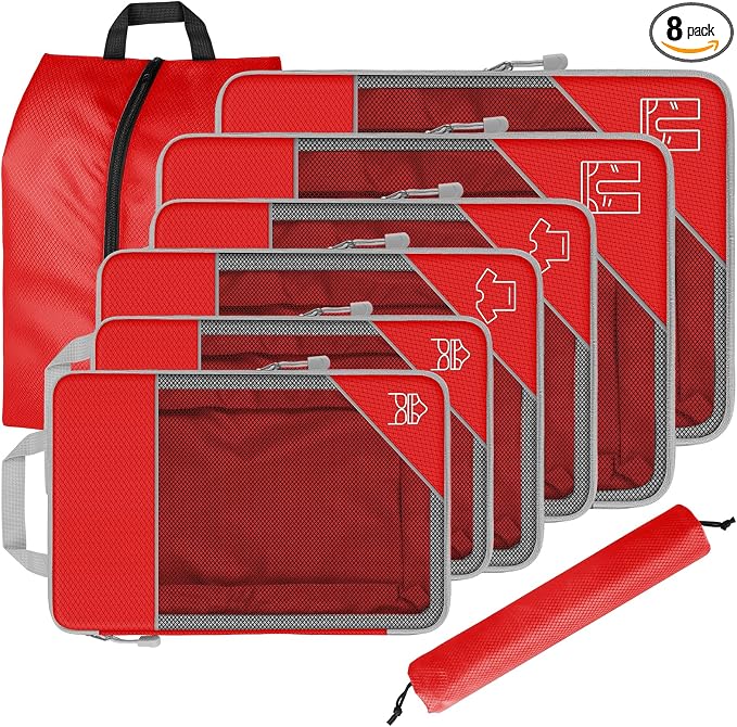 8 Set Compression Packing Cubes for Travel, Expandable Luggage Organizer with Shoe Bag & Laundry Bag - Lightweight Suitcase & Backpack Travel Essentials (Red) by Unknown