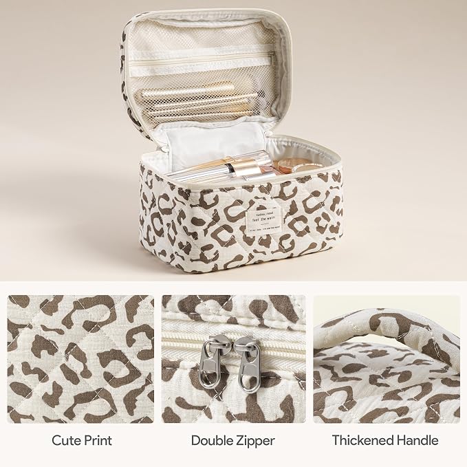 HBselect Quilted Makeup Bag, 3Pcs Cotton Large Travel Makeup Bags Organizer | Cute Floral Make up Bag Cosmetic Bag Toiletry Bag for Women Girls, Makeup Pouch for Skincare, Brushes & Travel Essentials - Image 2