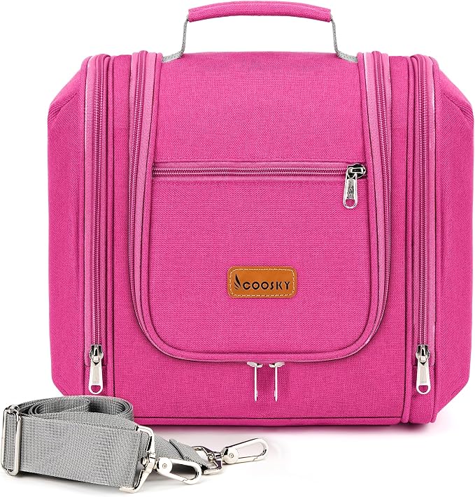 Hanging Travel Toiletry Bag for Women and Men, 6 Organizer Compartments, Large Toiletries essentials, Bathroom Cosmetic Accessories, Water-resistant Makeup Bag, Holds Full-Size Shampoo, Rose Red by COOSKY