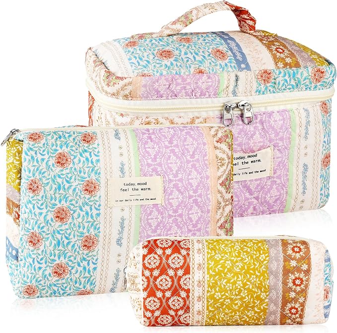 URSKYTOUS 3Pc Cotton Quilted Makeup Bags for Women Large Small Coquette Floral Travel Cosmetic Bag Set Aesthetic Cute Flower Makeup Pouch Portable Toiletry Bag Puffy Essential Storage Organizer Bag by URSKYTOUS